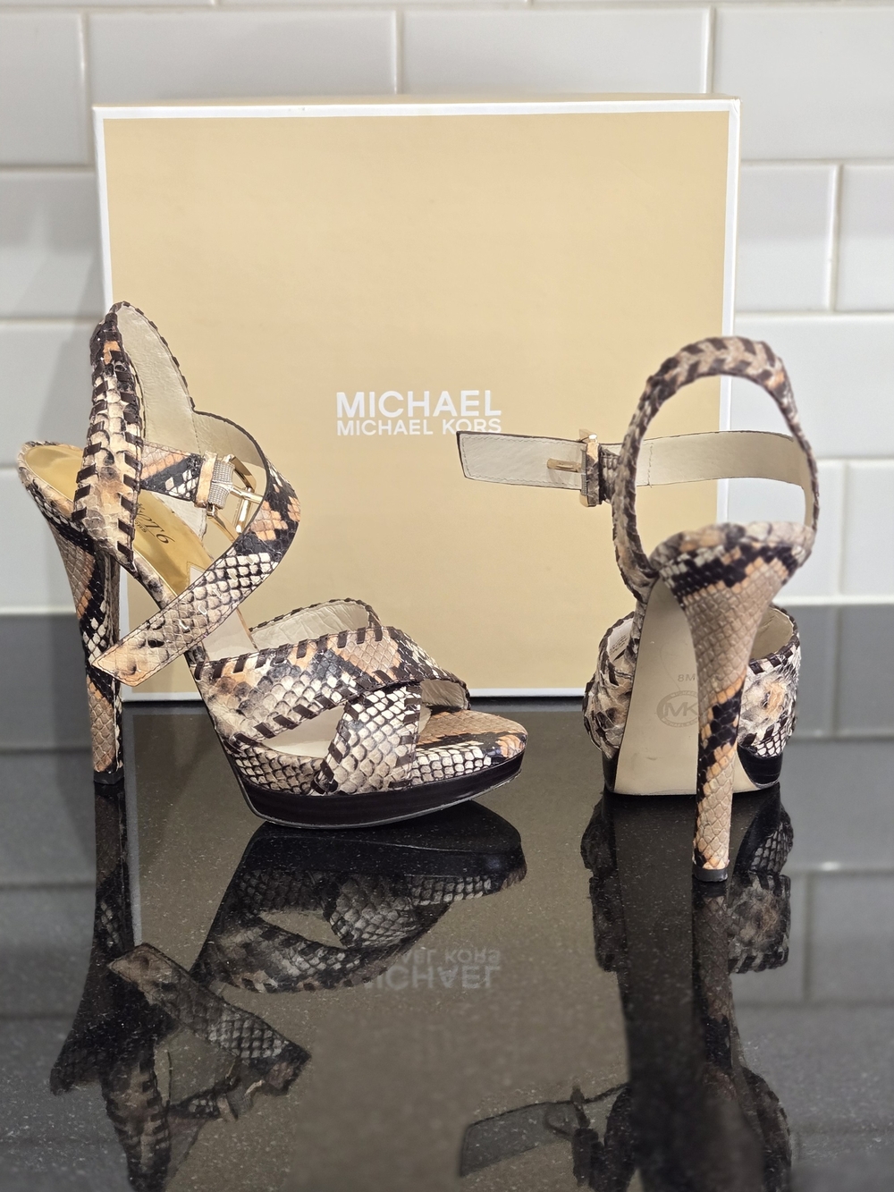 MICHAEL Michael Kors Beige and Black Snake-Print Strappy High Heel Sandals